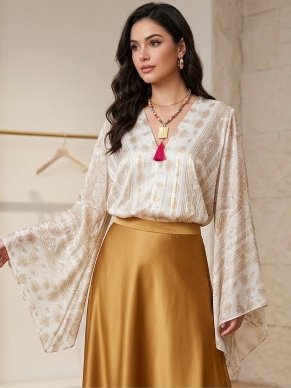 Casting semi-sheer surplus wrap style flare sleeves blouson blouse medium
